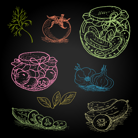 Set of color chalk drawn on a blackboard food, spices. pickles in the jar, dill, cucumber, tomato, garlic, bay leaf. Hand drawn vector illustration.のイラスト素材