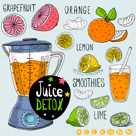 Sketch Juice detox set. With illustration of ingredients, glass, stars, blender and vitamin Hand drawn doodle style Citrus, smoothies, orange, grapefruit, lemon, lime.のイラスト素材