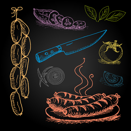 Set of color chalk drawn on a blackboard food, spices. Grilled sausage with vegetables. Knife, sausage, grill, cucumber, tomato, onion, bay leaf. Hand drawn vector illustration.のイラスト素材