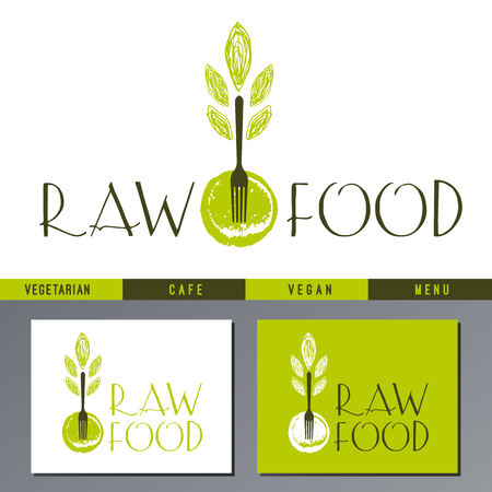 Logo template for healthy organic food products, vegetarian restaurant, vegan and raw cafe menu. Vector fork with leafs on a plate.のイラスト素材