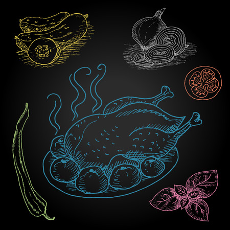 Set of color chalk drawn on a blackboard food, spices. Roasted grill chicken seasoned with apples and spices. Chicken, apples, onion, pepper, tomato, cucumber, basil. Hand drawn vector illustration.のイラスト素材
