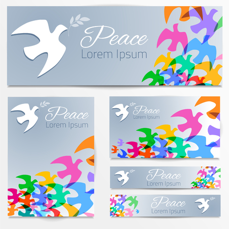 Colorful doves silhouettes White dove, olive branch. Symbol of peace. Logo, poster, banners template. Vector illustration.のイラスト素材