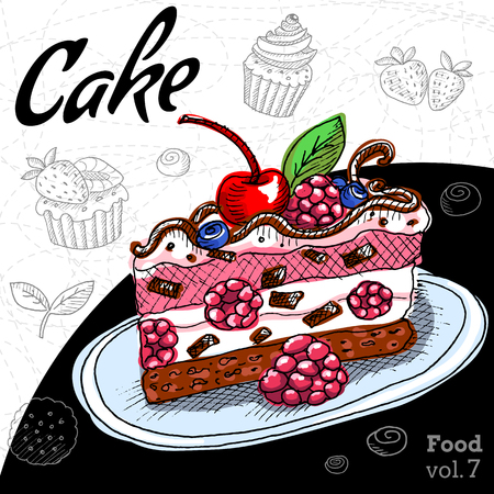 Set with desserts cake, cupcake. Hand drawn vector illustration. Dessert in Vintage style.のイラスト素材