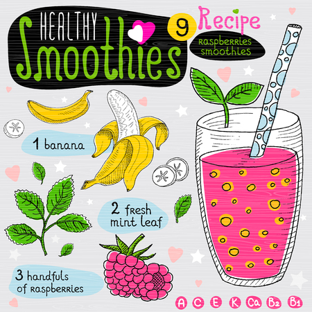Healthy smoothie recipe set. With illustration of ingredients, glass, stars, hearts and vitamin. Hand drawn in sketch style. Raspberries smoothie. Banana, raspberries, mint.のイラスト素材