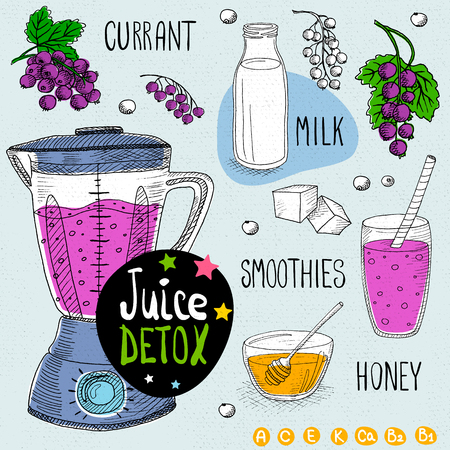 Sketch Juice detox set. With illustration of ingredients, glass, stars, blender and vitamin Hand drawn doodle style. Smoothies, currant, milk, honey, ice.のイラスト素材
