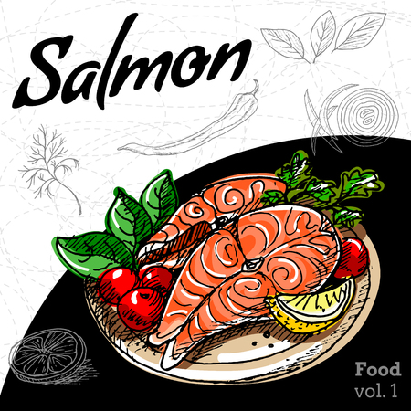Set of hand drawing food Salmon grill.のイラスト素材
