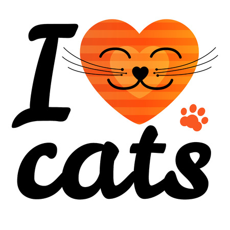 i love my cat. Vector icon illustration. Print cartoon style with two hearts couple striped ginger.のイラスト素材