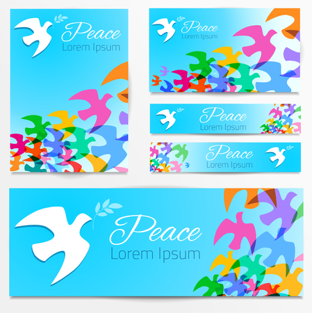 Colorful doves silhouettes White dove, olive branch. Symbol of peace. Logo, poster, banners template. Vector illustration.のイラスト素材