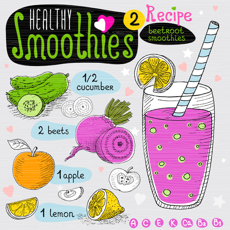 Healthy smoothie recipe set. With illustration of ingredients, glass, stars, hearts and vitamin. Hand drawn in sketch style. Beetroot smoothies, cucumber, beet, apple, lemon.のイラスト素材