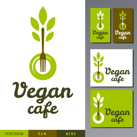 Logo template for healthy organic food products, vegetarian restaurant, vegan and raw cafe menu. Vector fork with leafs on a plate.のイラスト素材
