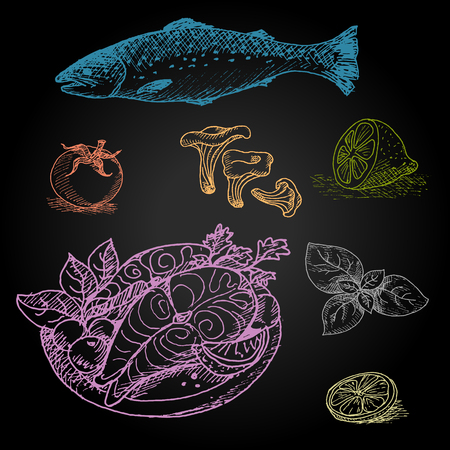 Set of color chalk drawn on a blackboard food, spices. Fish, trout, salmon, tomatoes, parsley, lemon, basil, mushrooms Hand drawn illustrationのイラスト素材
