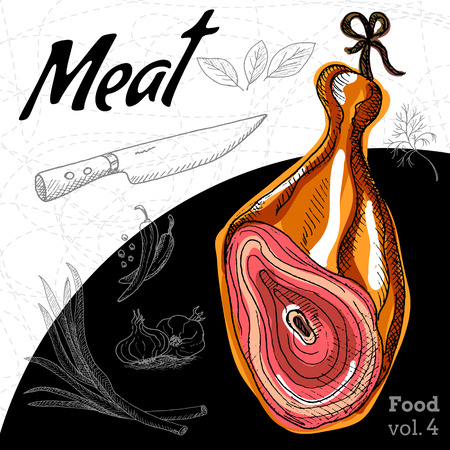 Delicious Ham meaty composition. Hand draw vector illustration.のイラスト素材