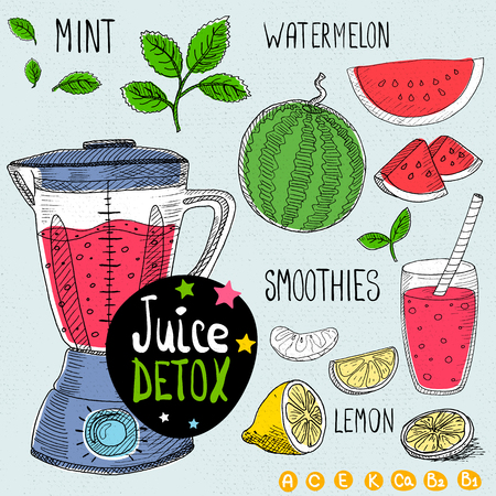 Sketch Juice detox set. With illustration of ingredients, glass, stars, blender and vitamin Hand drawn doodle style. Smoothies, mint, lemon, watermelon.のイラスト素材