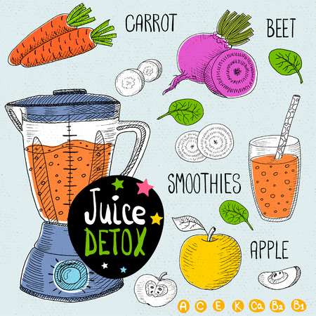 Sketch Juice detox set. With illustration of ingredients, glass, stars, blender and vitamin Hand drawn doodle style. Smoothies, carrot, beet, apple.のイラスト素材