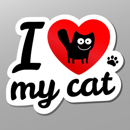i love my cat. Vector icon illustration. Two colors sticker in cartoon style black cat in red heart.のイラスト素材