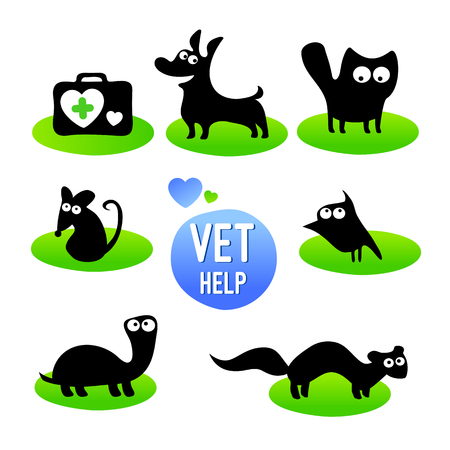 Veterinary clinic. Pet vet help. Set of  funny animals cartoon character. Isolated on white background. Vector illustration. Flat icons silhouette.のイラスト素材