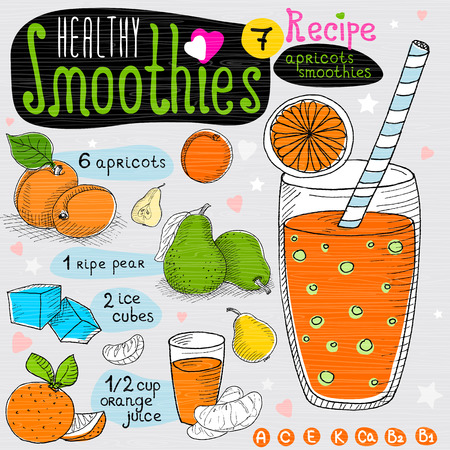 Healthy smoothie recipe set. With illustration of ingredients, glass, stars, hearts and vitamin Hand drawn in sketch style. Apricots smoothie. Apricot, ice, pear, orange, juice.のイラスト素材