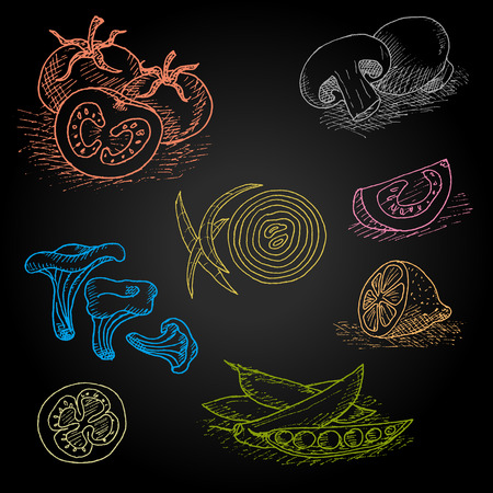 Set of color chalk drawn on a blackboard food, spices. Mushrooms, onions, tomato, lemon, peas. Hand drawn vector illustration.のイラスト素材