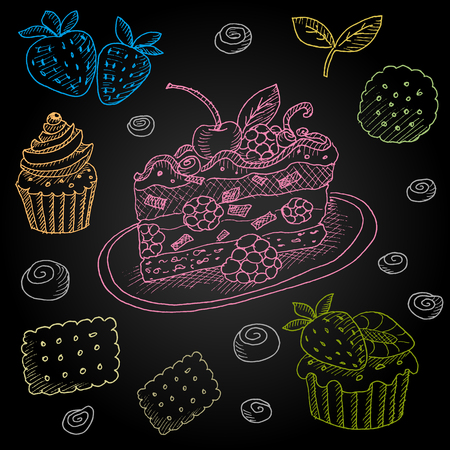 Set of color chalk drawn on a blackboard food. Set with desserts cake, cupcake. Hand drawn vector illustration.のイラスト素材