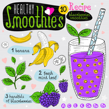 Healthy smoothie recipe set. With illustration of ingredients, glass, stars, hearts and vitamin. Hand drawn in sketch style. Blackberries smoothie. Banana, blackberries, mint.のイラスト素材