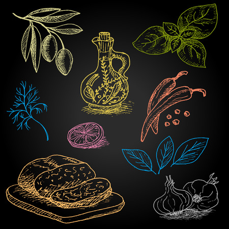 Set of color chalk drawn on a blackboard food, spices. Olive oil, pepper, bread, olive branch, leaves, lemon, basil, dill. Hand drawn vector illustration.のイラスト素材