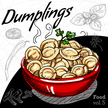 Hot Dumplings in red plate. Pelmeni, Ravioli, Paste Products with any stuffed for family dinner. Russian cuisine. Hand draw vector illustrationのイラスト素材