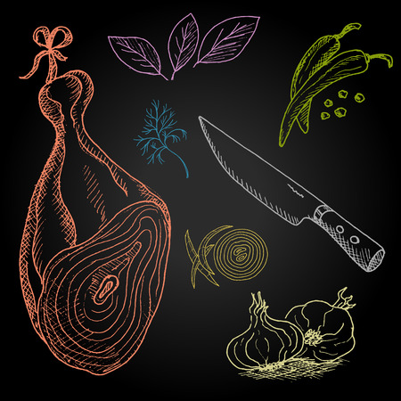 Set of color chalk drawn on a blackboard food, spices. Ham, knife, dill, onion, garlic, pepper, bay leaf. Hand drawn vector illustration.のイラスト素材