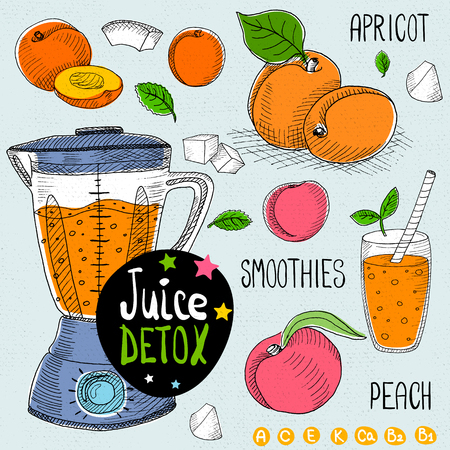 Sketch Juice detox set. With illustration of ingredients, glass, stars, blender and vitamin Hand drawn doodle style. Smoothies, apricot, ice, peach.のイラスト素材