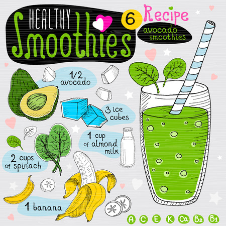 Healthy smoothie recipe set. With illustration of ingredients, glass, stars, hearts and vitamin Hand drawn in sketch style. Avocado smoothie. Avocado, ice cubes, banana, spinach, amond, milk.のイラスト素材