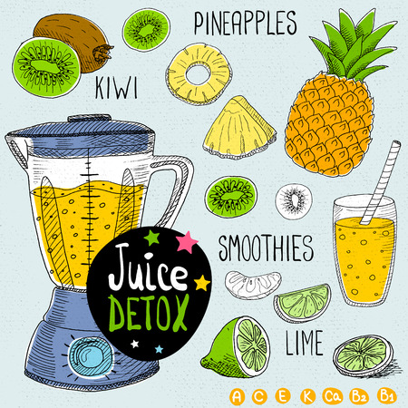 Sketch Juice detox set. With illustration of ingredients, glass, stars, blender and vitamin Hand drawn doodle style. Smoothies, kiwi, lime, pineapple.のイラスト素材