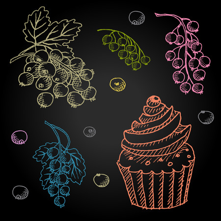 Set hand-drawn food ingredients on chalkboard. Hand drawn vector illustration. Set with desserts cupcake, berries, currants, cream.のイラスト素材