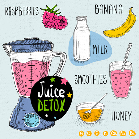 Sketch Juice detox set. With illustration of ingredients, glass, stars, blender and vitamin Hand drawn doodle style. Smoothies, milk, raspberries, banana, honey.のイラスト素材