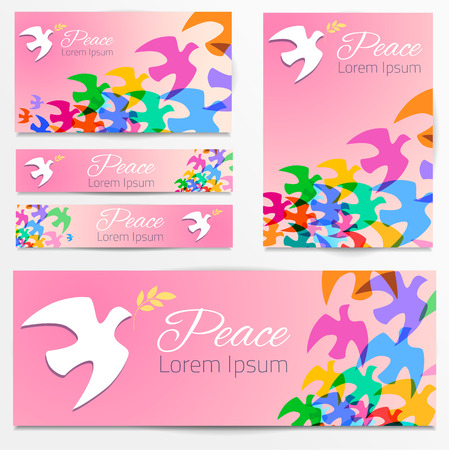Colorful doves silhouettes White dove, olive branch. Symbol of peace. Logo, poster, banners template. Vector illustration.のイラスト素材