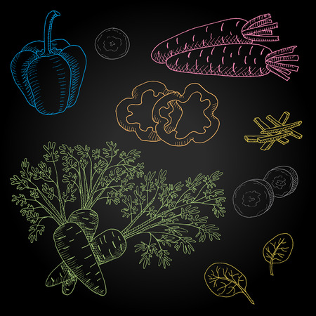 Set hand-drawn food ingredients on chalkboard. Hand drawn vector illustration. Set with elements carrots, bell peppers, spinach, leaves, pieces.のイラスト素材