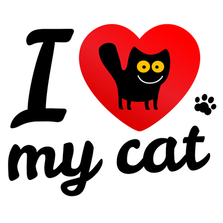 i love my cat. Vector icon illustration. Print black cat with yellow eyes cartoon style in red heart.のイラスト素材