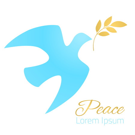 Dove silhouette. Blue dove, golden olive branch. White background. Symbol of peace. Logo template. Vector illustration.のイラスト素材