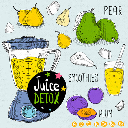 Sketch Juice detox set. With illustration of ingredients, glass, stars, blender and vitamin. Hand drawn doodle style. Smoothies, pear, plum.のイラスト素材