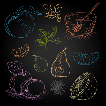 Set hand-drawn food ingredients on chalkboard. Hand drawn vector illustration. Set with elements fruit, honey, pear, a bee, a spoon for honey, peach, apricot, orange, mint, lemon slice.のイラスト素材