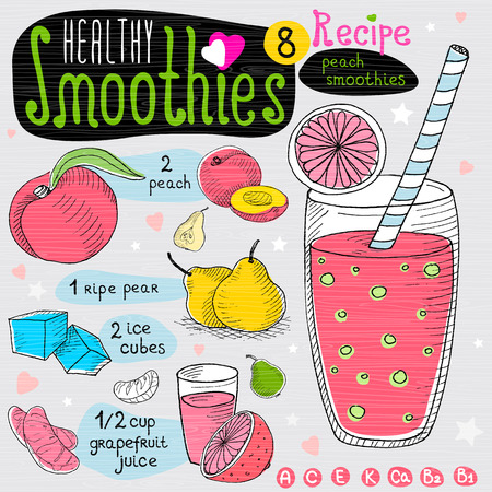 Healthy smoothie recipe set. With illustration of ingredients, glass, stars, hearts and vitamin. Hand drawn in sketch style. Peach smoothie. Peach, pear, grapefruit, ice.のイラスト素材