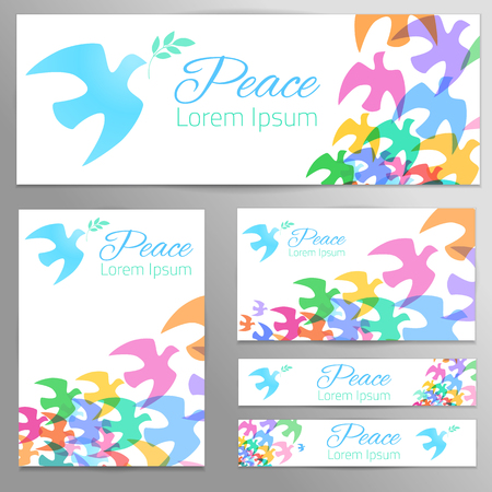Colorful doves silhouettes Blue dove, green olive branch. White background. Symbol of peace. Logo, poster, banners template. Vector illustration.のイラスト素材