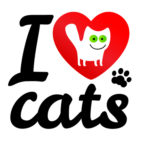 i love my cat. Vector icon illustration. Print white cat with green eyes cartoon style in red heart.のイラスト素材