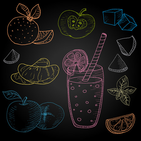 Set hand-drawn food ingredients on chalkboard. Hand drawn vector illustration. Set with elements apple, orange, smoothie, mandarin, lemon, glass, mint, ice.のイラスト素材