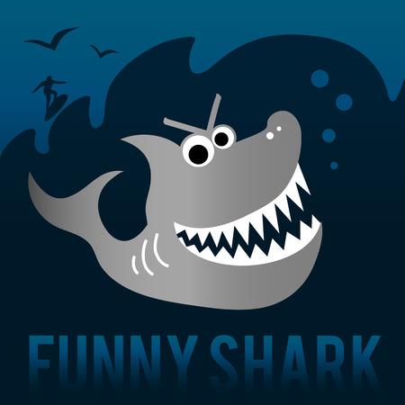 Funny shark with surfer. Flat style cartoon character. Vector illustration.のイラスト素材