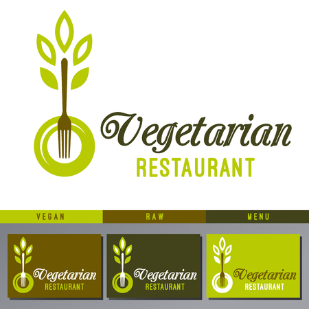 Logo template for healthy organic food products, vegetarian restaurant, vegan and raw cafe menu. Vector fork with leafs on a plate.のイラスト素材