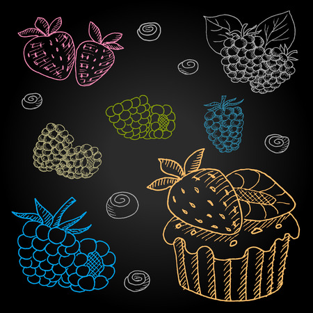 Set hand-drawn food ingredients on chalkboard. Hand drawn vector illustration. Set with desserts cupcake, berries, strawberries, blackberries, raspberries, blueberries.のイラスト素材