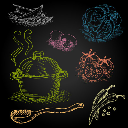 Set of color chalk drawn on a blackboard food, spices. Hot soup in a pot. Wooden spoon, mushrooms, tomato, pepper, cabbage, peas. Hand drawn vector illustration.のイラスト素材
