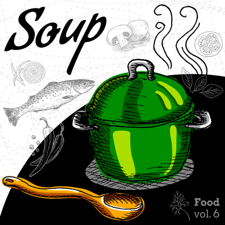 Hot soup in a green pot Wooden spoon, fish, onions, mushrooms, tomato, spices. Hand draw vector illustration.のイラスト素材