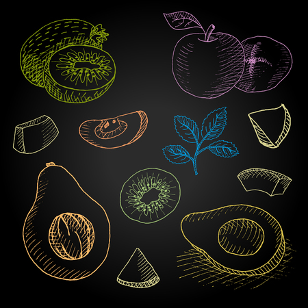 Set hand-drawn food ingredients on chalkboard. Hand drawn vector illustration. Set with elements fruit, kiwi, avocado, apple, mint, slices,のイラスト素材