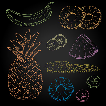 Set hand-drawn food ingredients on chalkboard. Hand drawn vector illustration. Set with elements fruit, pineapple, banana, peeled banana slices, pineapple slices.のイラスト素材