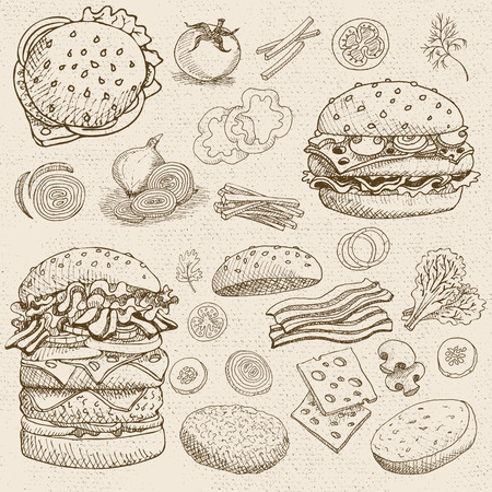 Set of chalk sketch hand drawn, in sketch style, food and spices, old paper textured background, Fast food, Hamburger, ingredient, mushrooms, tomato, pepper, onion, bacon, saladのイラスト素材